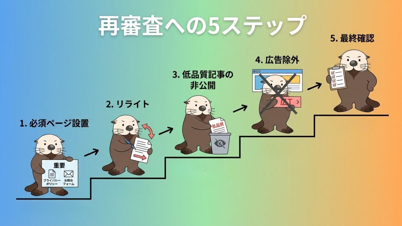 再審査への5ステップ：必須ページ設置、リライト、低品質記事非公開、広告除外、最終確認。