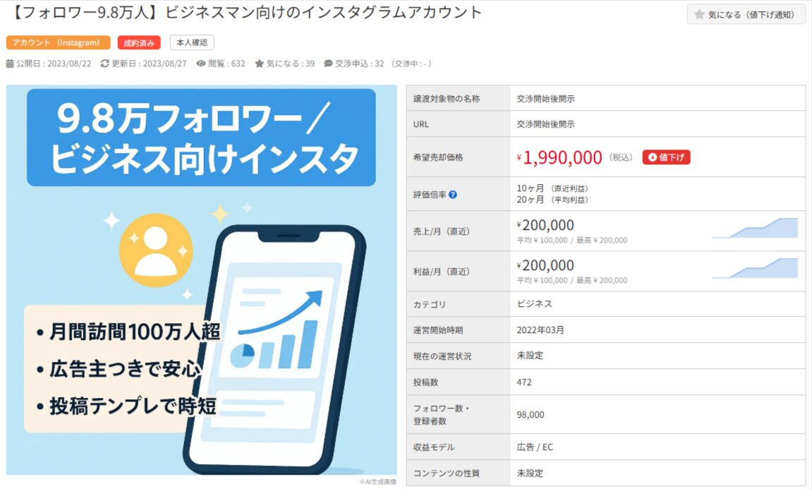 9.8万フォロワーのビジネス系インスタアカウント売却情報。価格199万円、月利20万円。