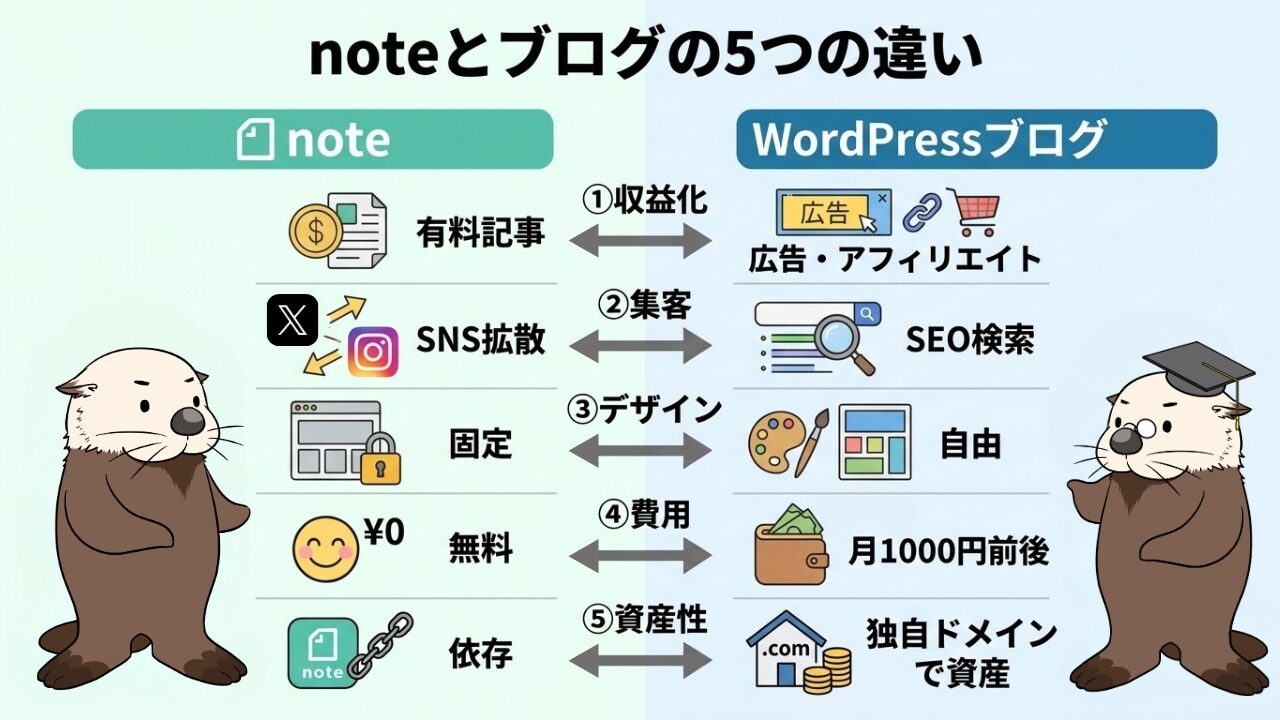 noteとWordPressブログの5つの違い（収益化、集客、デザイン、費用、資産性）の比較図