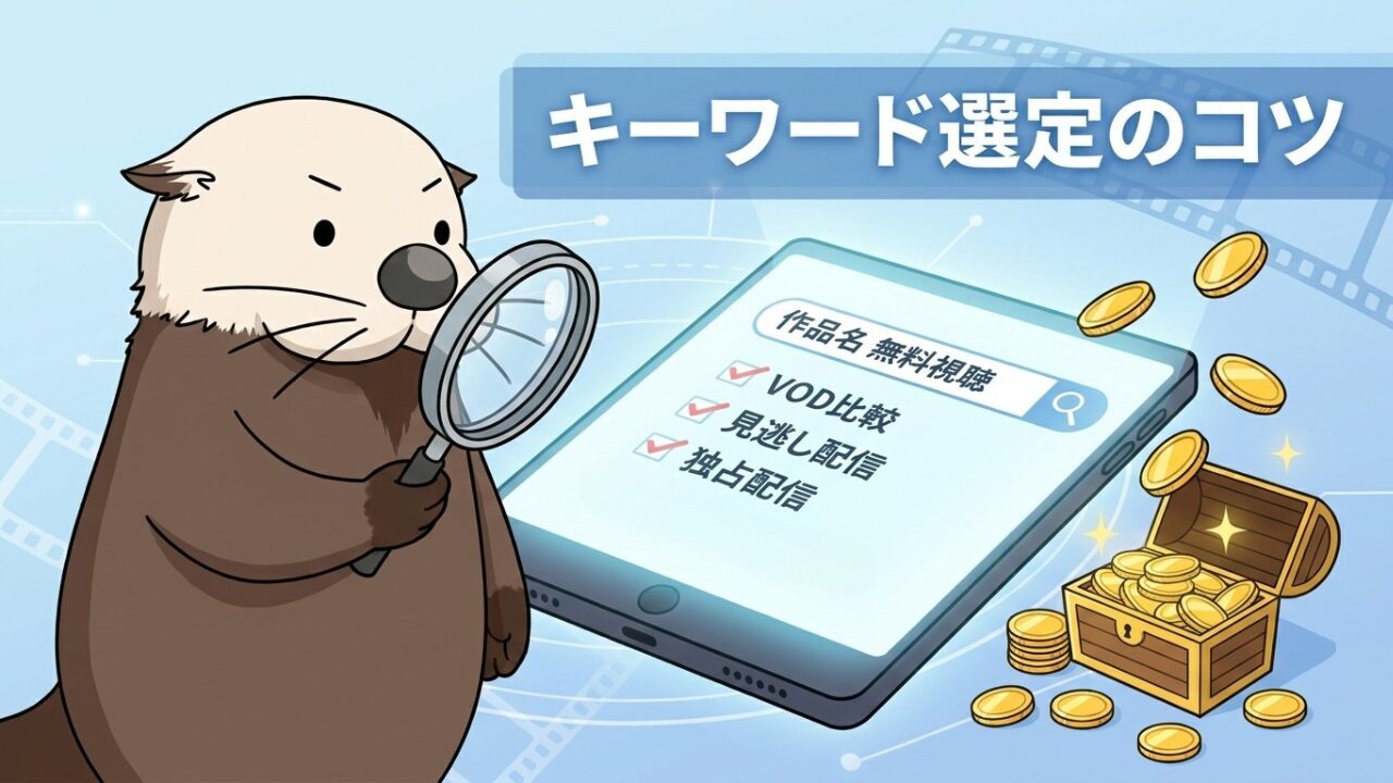 キーワード選定のコツ：虫眼鏡を持つカワウソと検索キーワードが表示されたタブレット