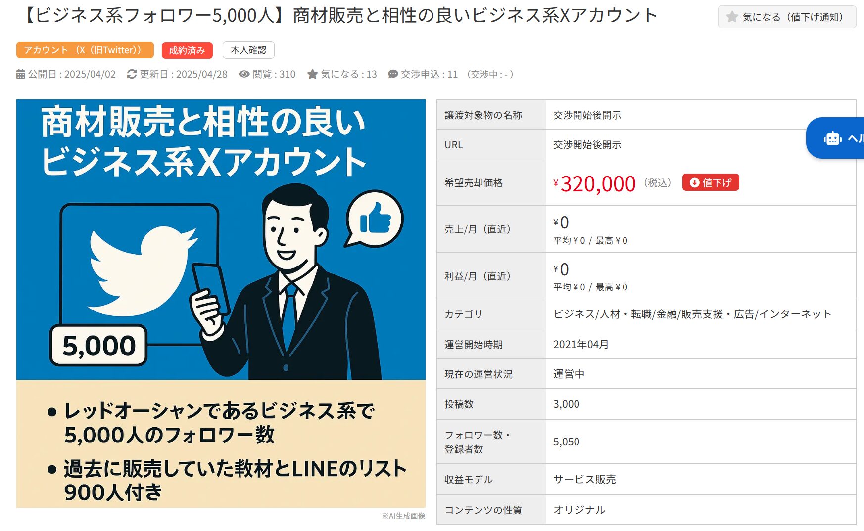フォロワー5000人のビジネス系Xアカウント売却情報。価格32万円、LINEリスト900人付き。