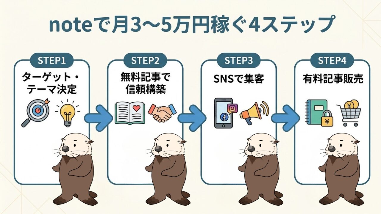 noteで月3〜5万円稼ぐ4ステップ：ターゲット決定、信頼構築、SNS集客、有料記事販売