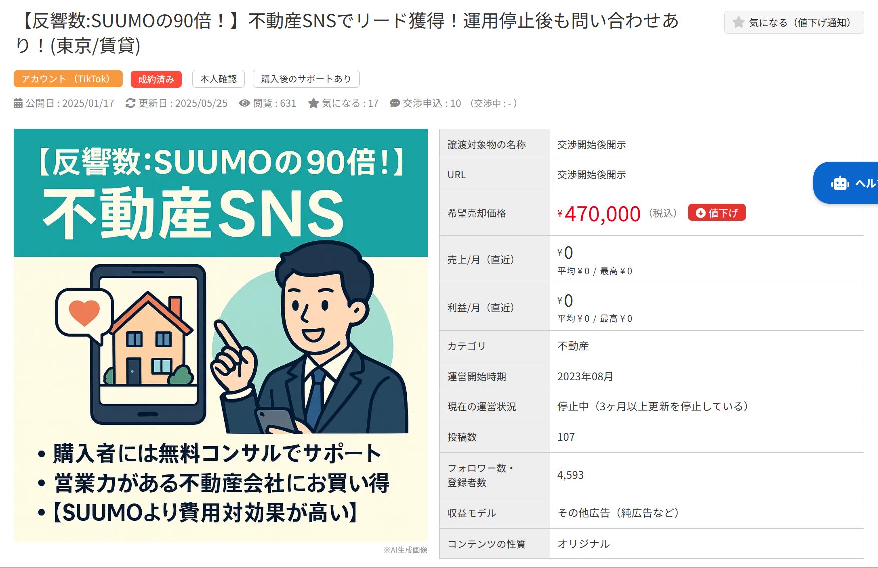 不動産SNSアカウントの売却詳細画面。希望価格47万円、フォロワー4,593名。