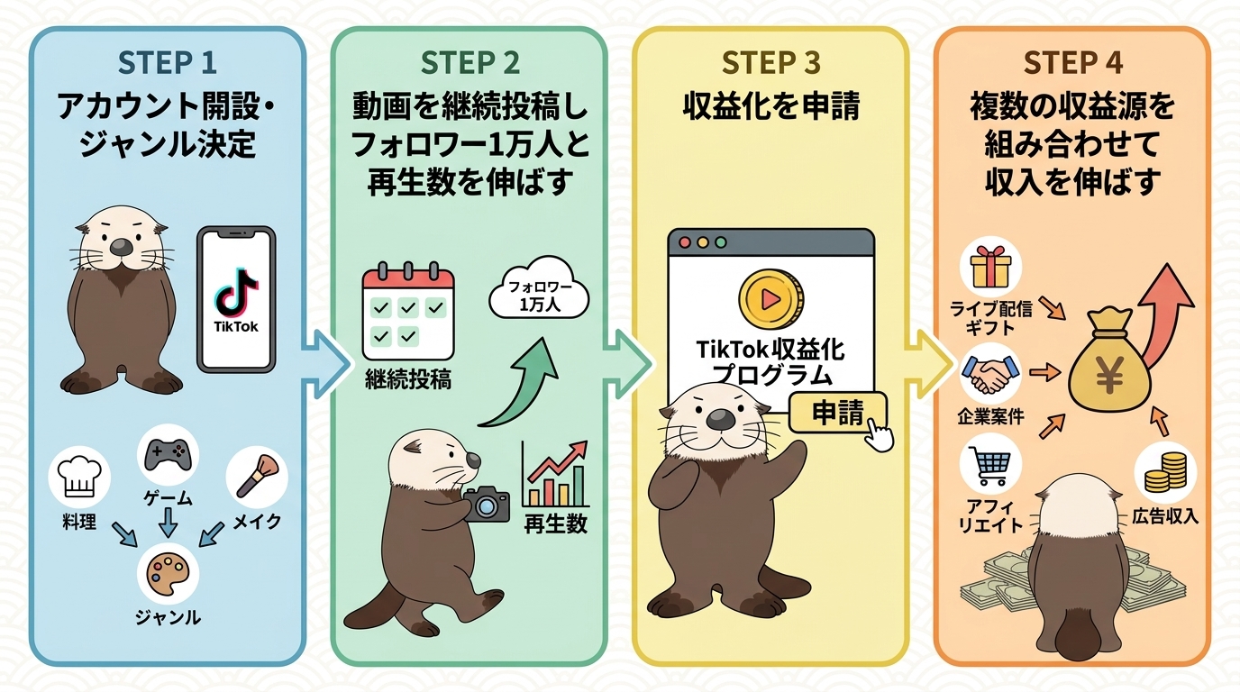 初心者がTikTokで収益化するまでのロードマップ図解