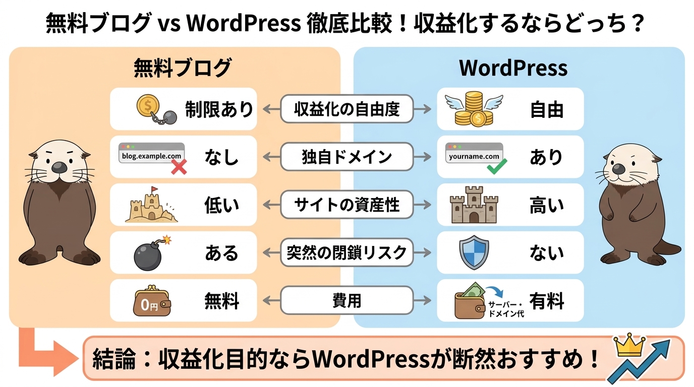 無料ブログとWordPressの比較図