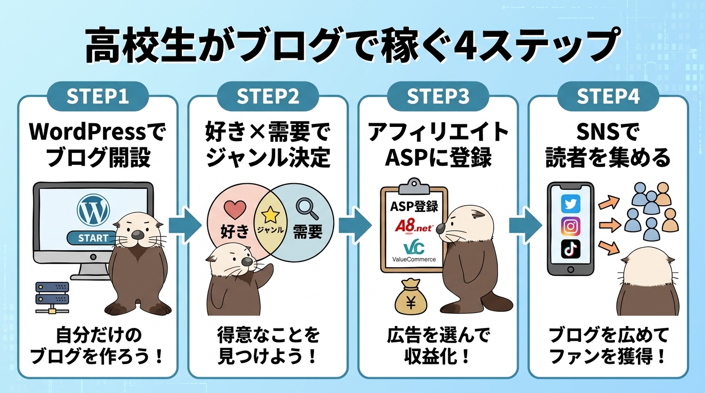 高校生がブログで稼ぐ4ステップのフロー図