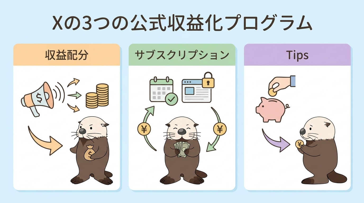 Xの3つの公式収益化プログラムを示す図解