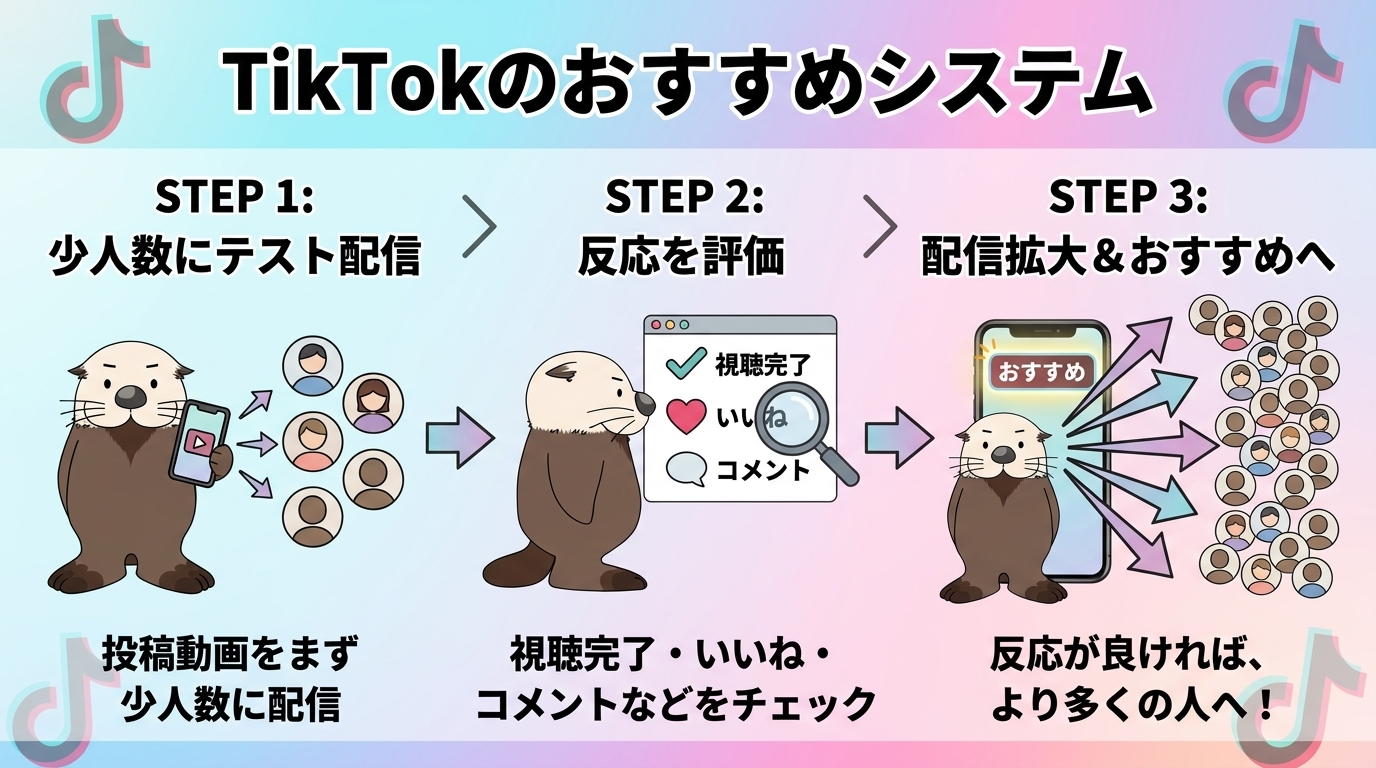 TikTokのおすすめ表示の仕組み（3ステップの流れ）