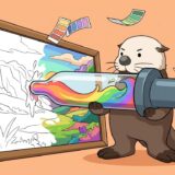 絵画に巨大スポイトを刺して色を吸い取るラッコ