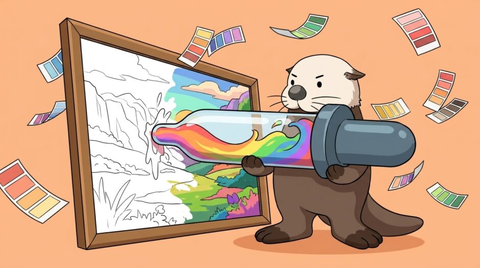 絵画に巨大スポイトを刺して色を吸い取るラッコ