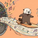 巨大スピーカーからあふれる音の波をサーフィンするラッコ