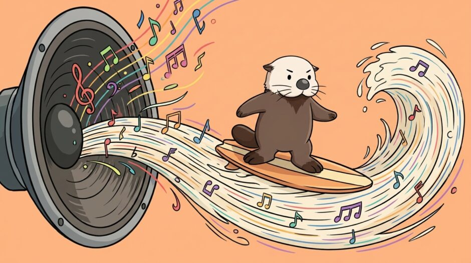 巨大スピーカーからあふれる音の波をサーフィンするラッコ