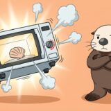 ワット数を上げすぎて光と蒸気を噴く電子レンジの前で腕組みして待つラッコ