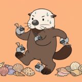 両手両足しっぽで数取りカウンターを握り大量の貝殻を同時に数えるラッコ