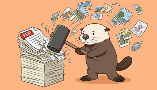 巨大なPDF書類をハンマーで叩き割り、中から写真が噴き出すラッコ