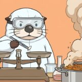 防護服姿で米1粒をピンセットで精密計量するラッコと、煙を噴き上げるカレー鍋