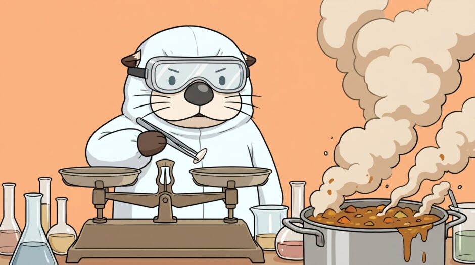 防護服姿で米1粒をピンセットで精密計量するラッコと、煙を噴き上げるカレー鍋