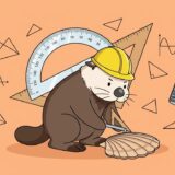 巨大な分度器と三角定規でホタテの角度を測量するラッコ