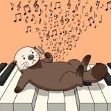 巨大な鍵盤の上を転がりながら音叉で音合わせするラッコ