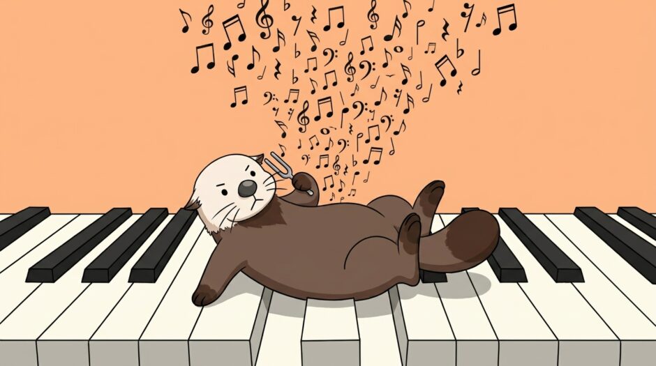 巨大な鍵盤の上を転がりながら音叉で音合わせするラッコ