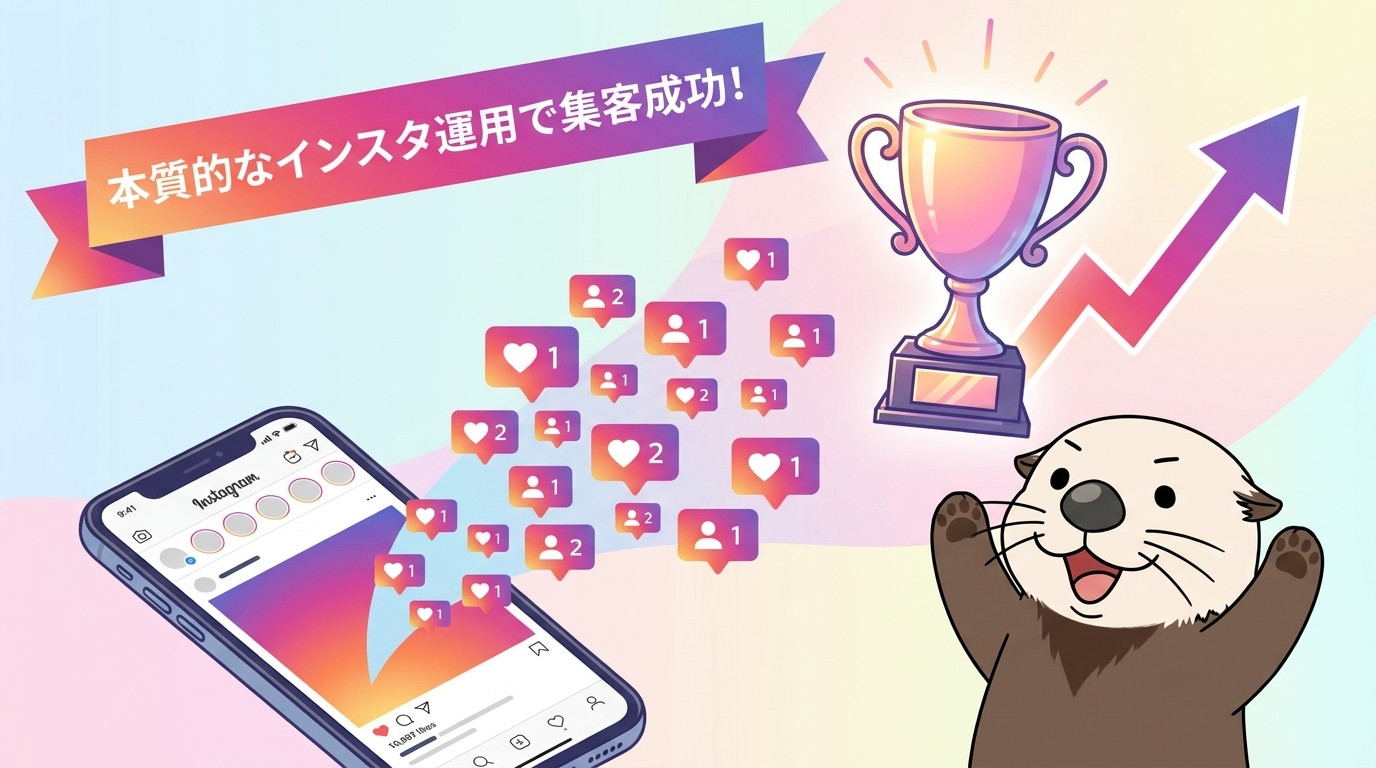 ラッコがスマホでInstagramを運用し、集客を成功させている様子を示す図解