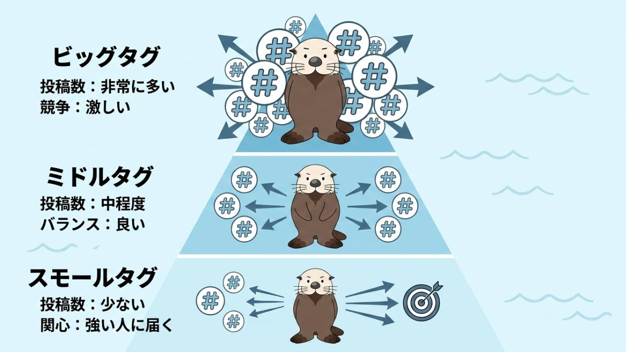 ビッグ、ミドル、スモールタグの投稿数と特徴の違いを解説するピラミッド型の図解。