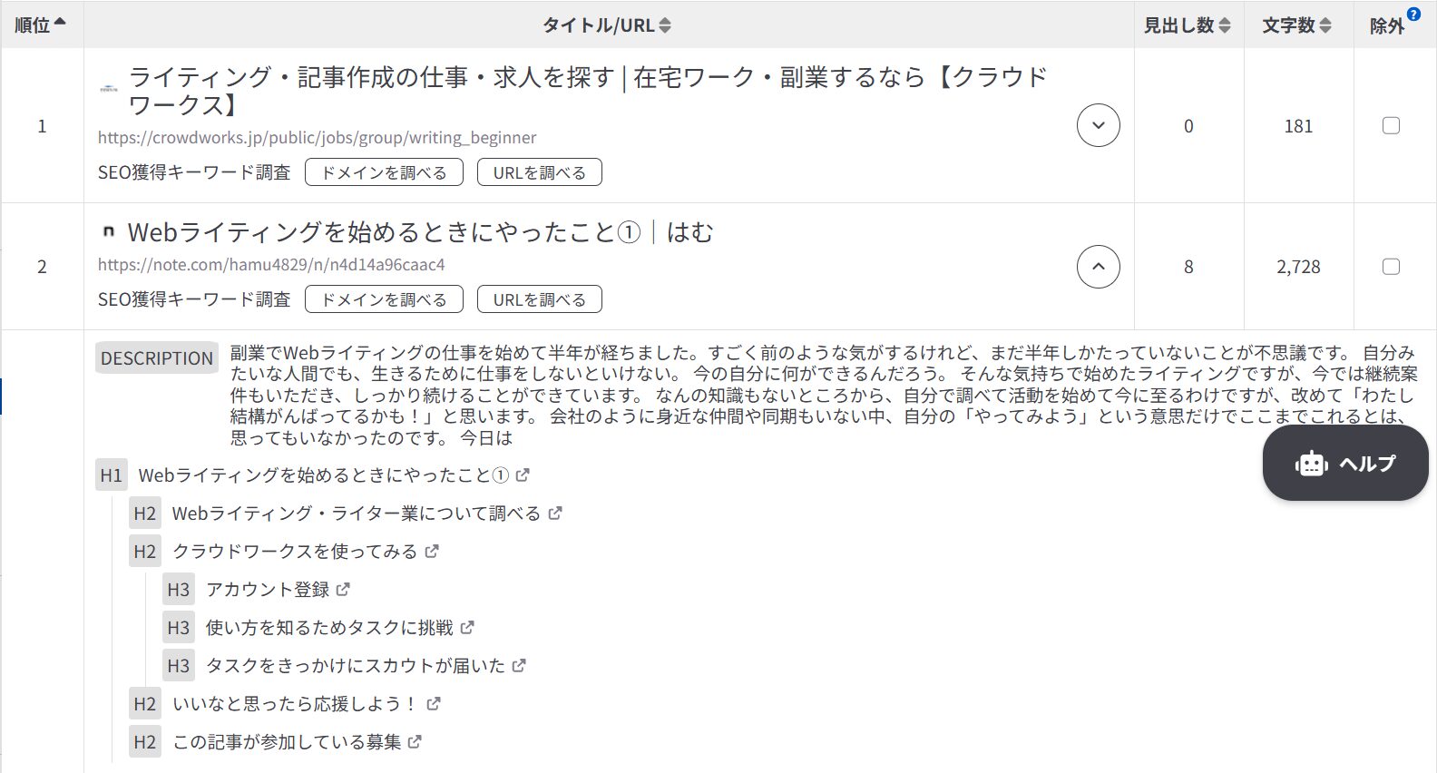 検索結果のタイトル、URL、見出し構成、文字数などを表示するSEO分析ツールの画面