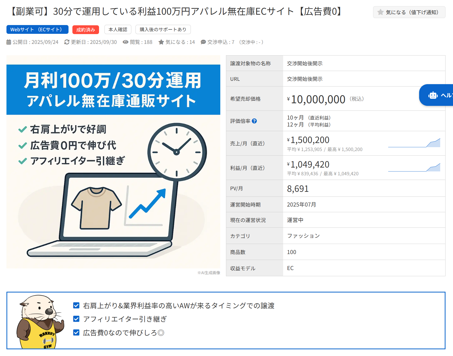 月利100万円のアパレル無在庫ECサイト売却案件。希望価格1000万円や運営実績の数値データ。