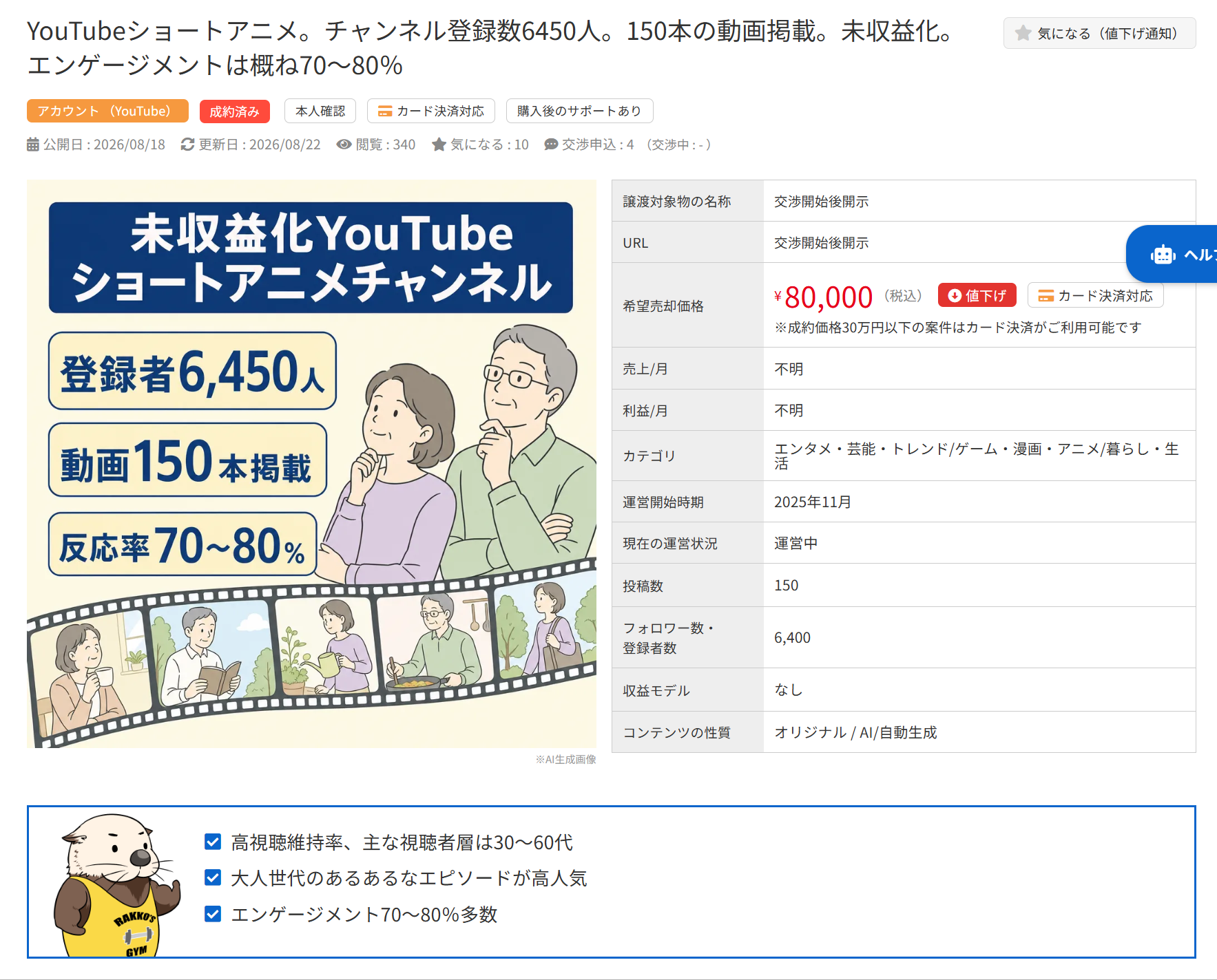 未収益化YouTubeショートアニメチャンネルの販売情報。登録者6450人、動画150本、8万円。