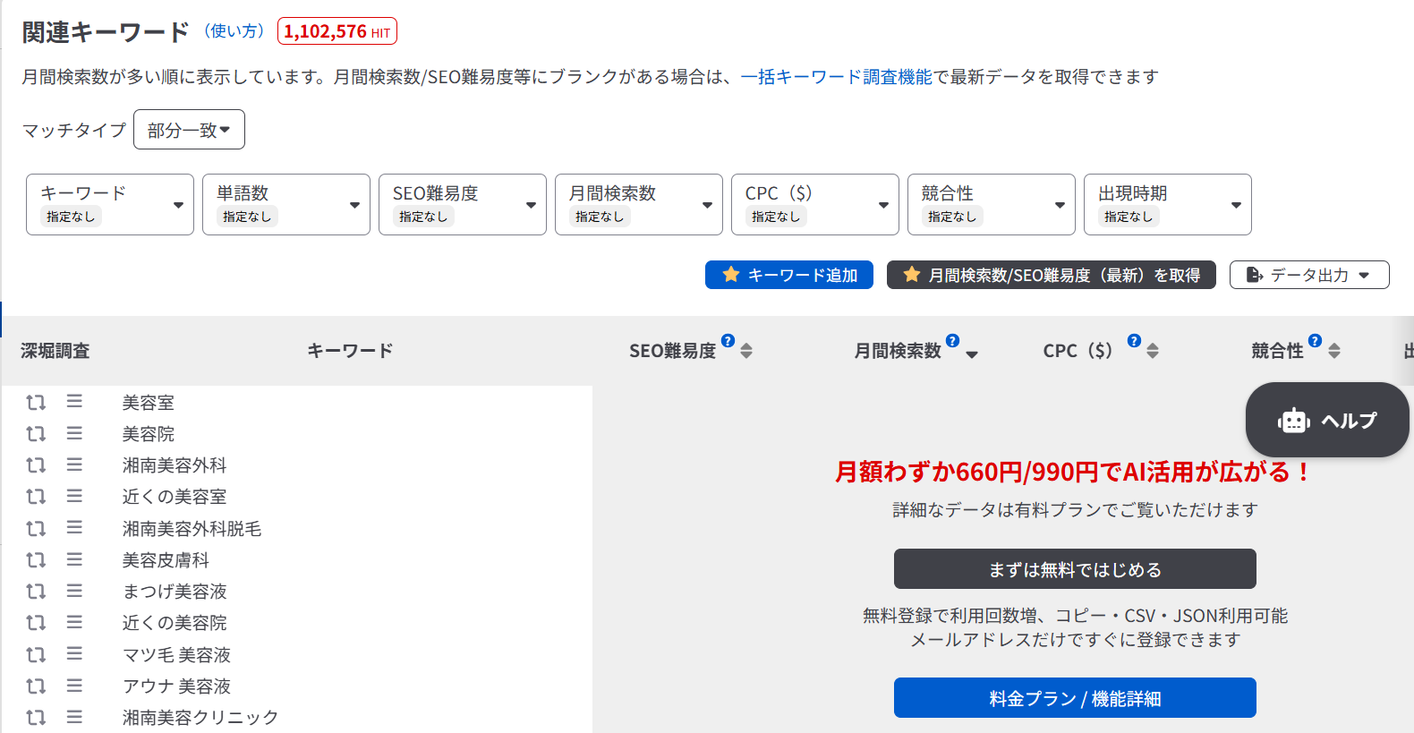 関連キーワードの調査結果と有料プランの案内が表示されたツールの管理画面