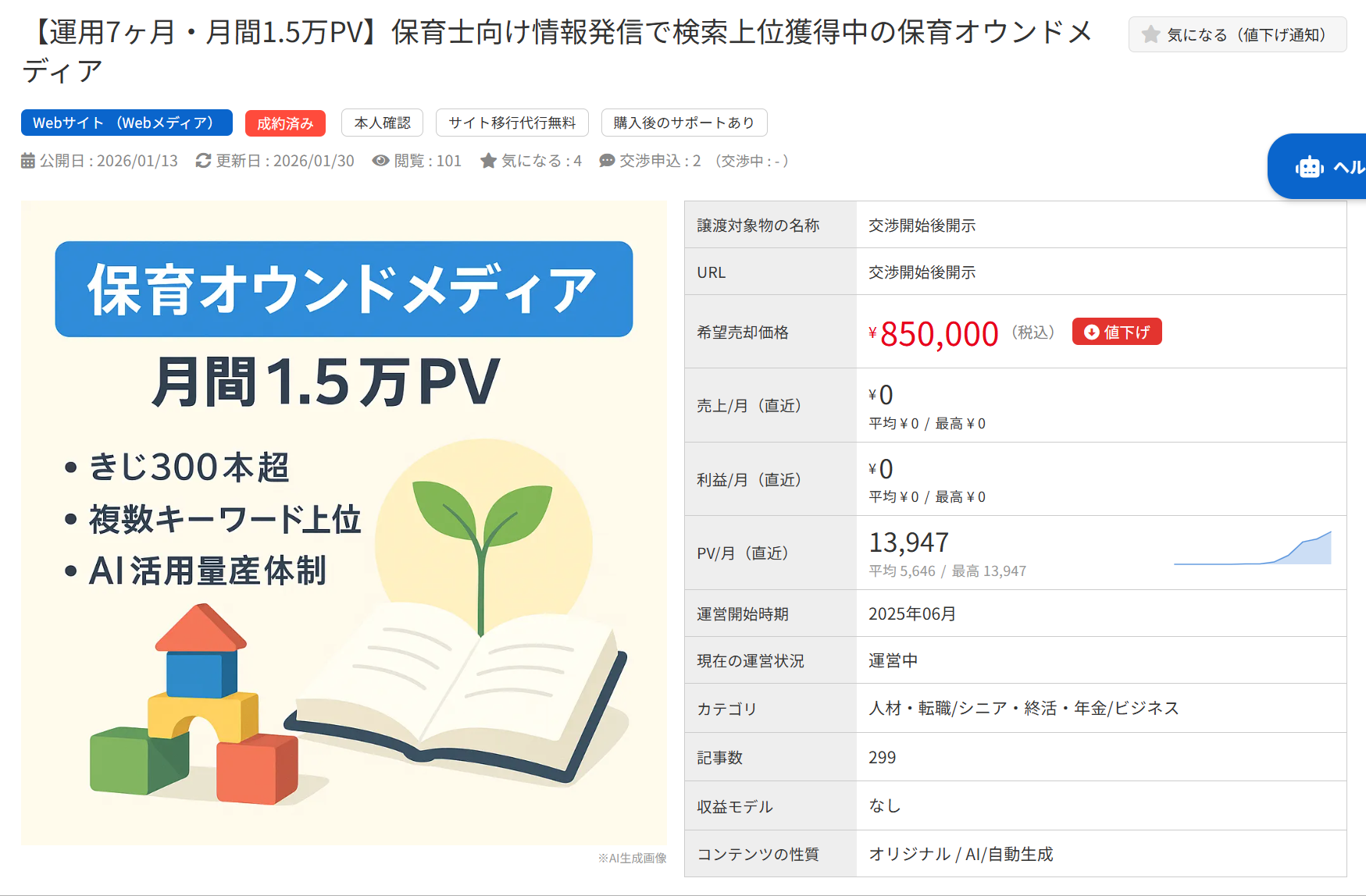 保育オウンドメディアの売却情報。月間1.5万PV、記事300本超、売却価格85万円。