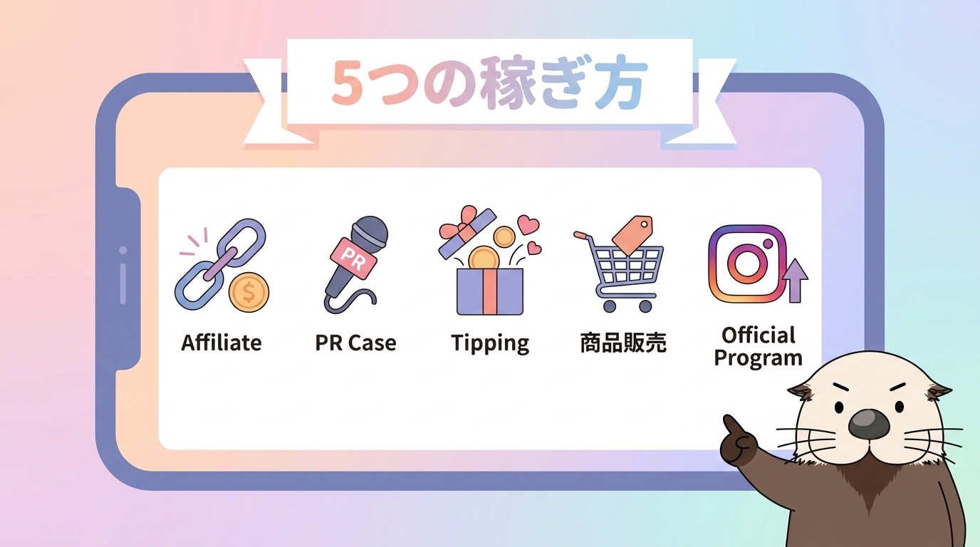 インスタで収入を得る5つの方法を示すイラスト
