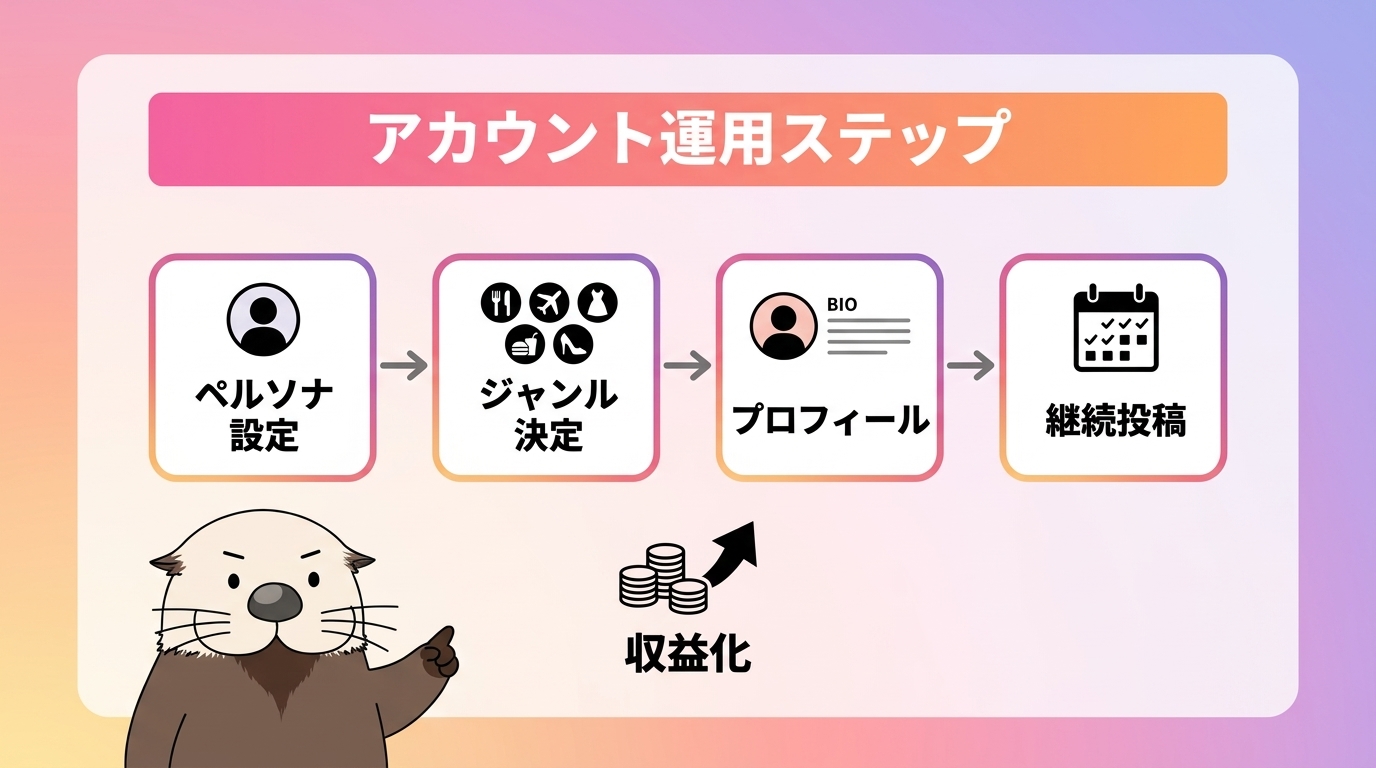 インスタ収益化に向けたアカウント運用ステップを示すイラスト