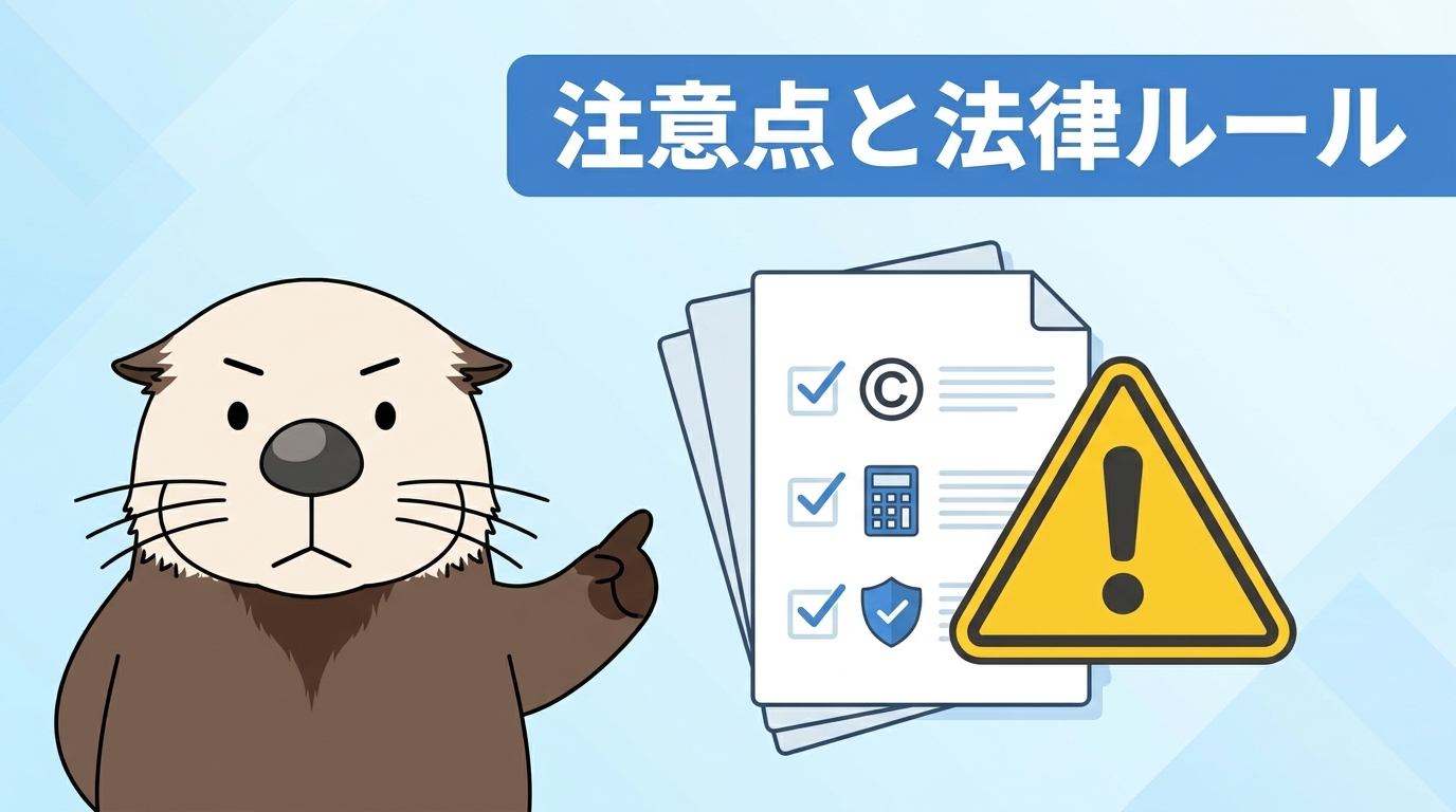 インスタ収益化の注意点と法律ルールを示すイラスト