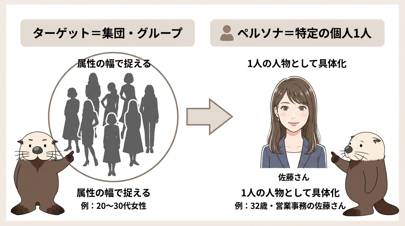ターゲットとペルソナの違いを示す図解