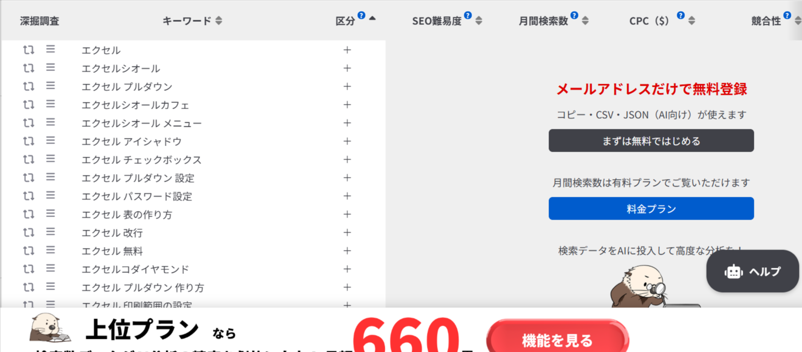 キーワード一覧が表示されたSEOツールの画面と、無料登録を促す案内